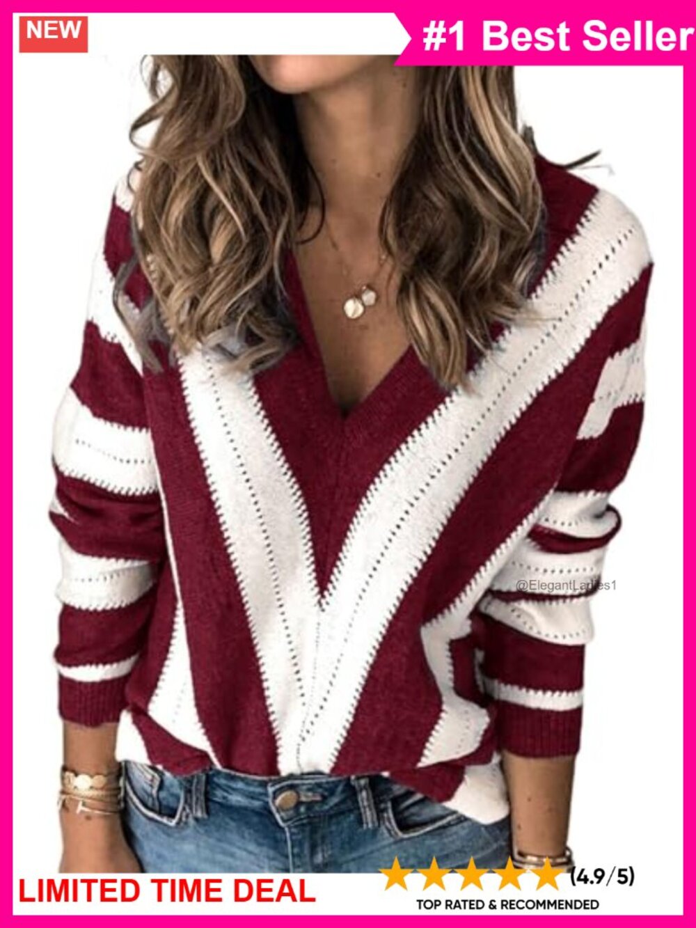 Women's V Neck Striped Knit Pullover Sweater Long Sleeve Ribbed